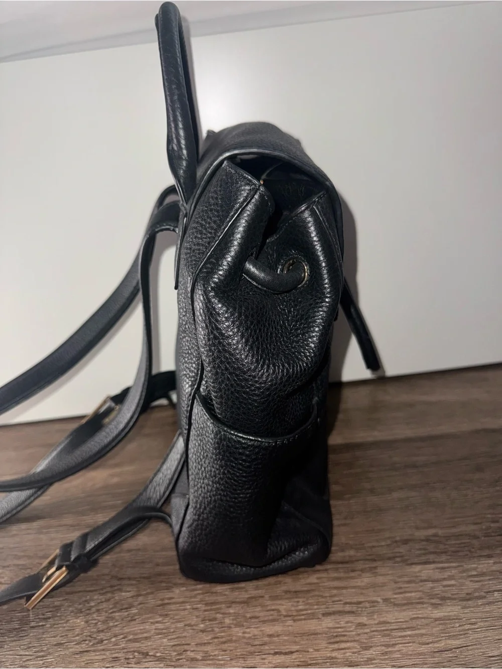 Black Leather Backpack with Gold Logo